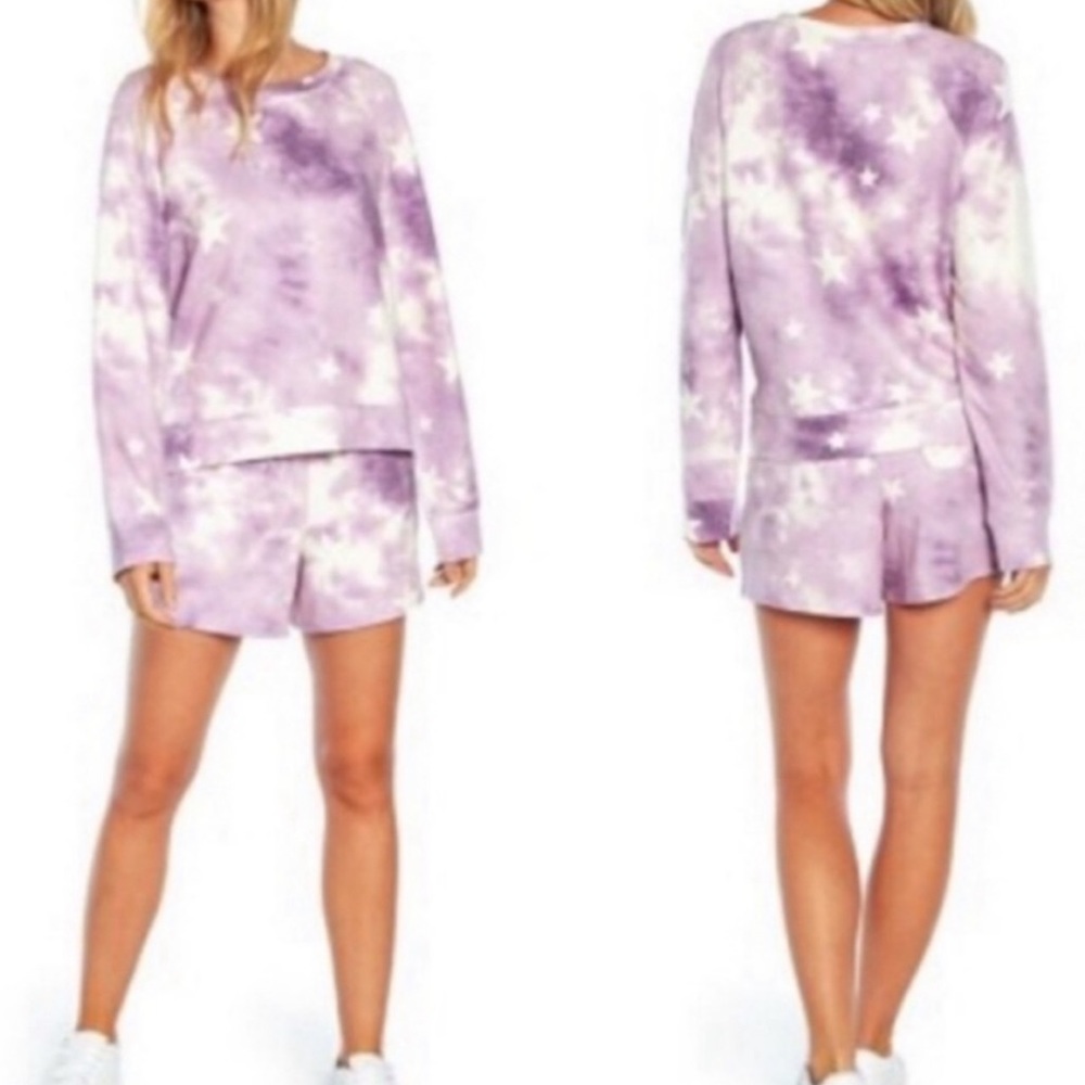 NWT Wildfox Lounge Set- Long sleeve top and Shorts - Purple Tie Dye Stars